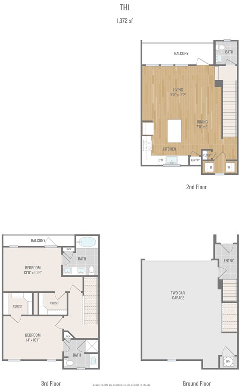 Floor plan for 2 beds, 2.5 baths, 1424 sqft